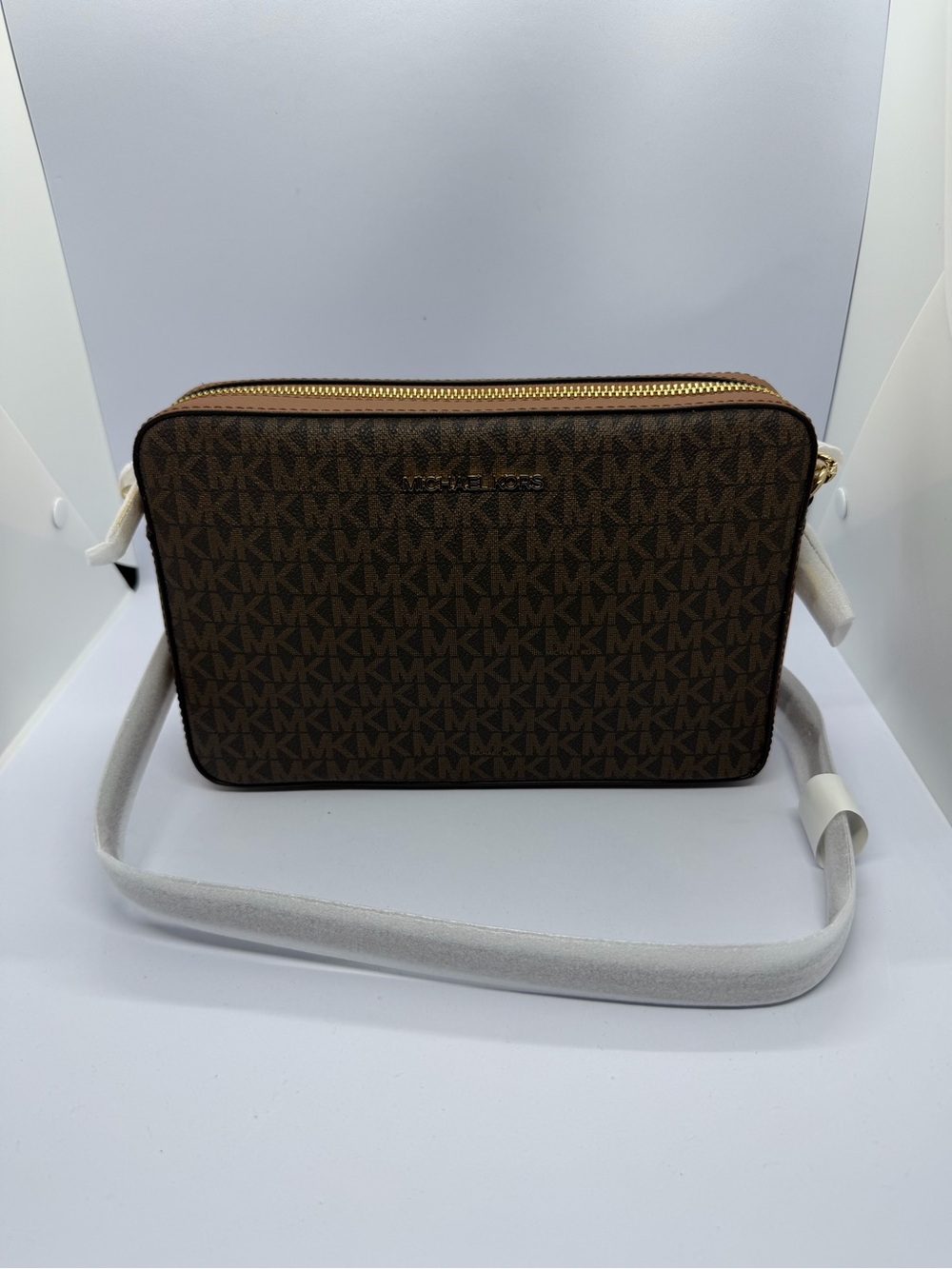 Michael Kors Brown Monogram Crossbody with Gold Hardware